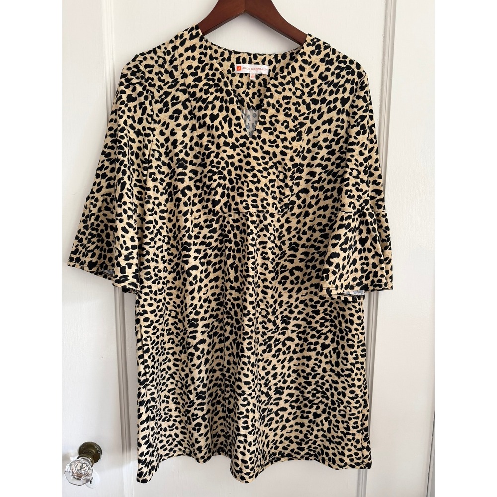 Jude Connally Dress Women M Leopard Print V-Neck Bell Sleeve Mini Shift 101605